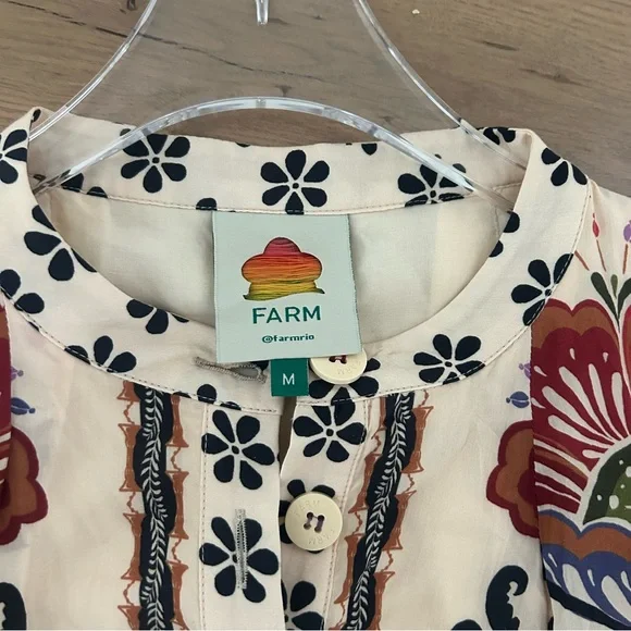 FARM RIO Nature Mini Dress Romantic Bead Belt Maximalist Puff Beige Size Medium - Picture 3 of 16